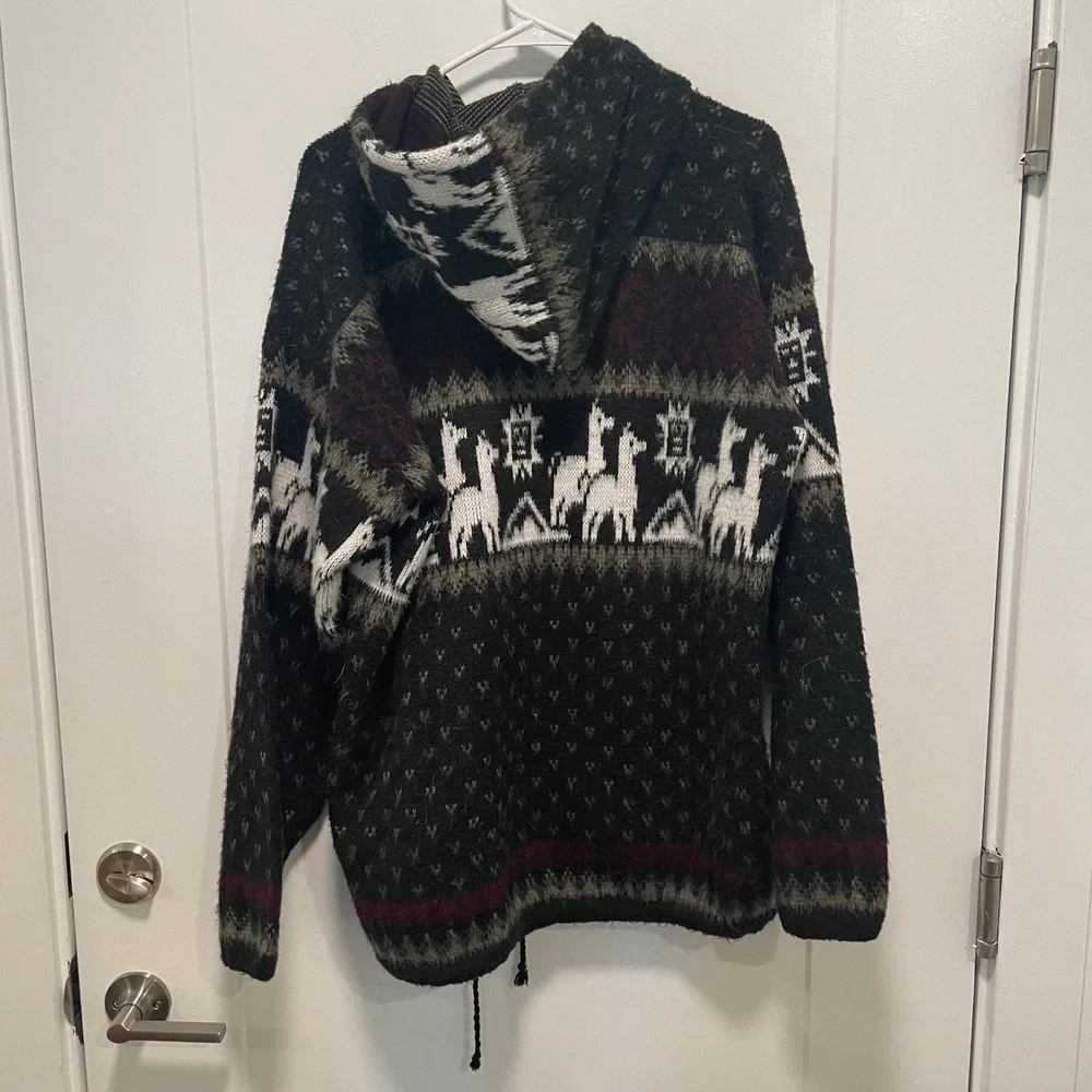 Tejidos Ruminahui Llama Intarsia Knit Hooded Full Zip Sweater Mens XL Black Gray
